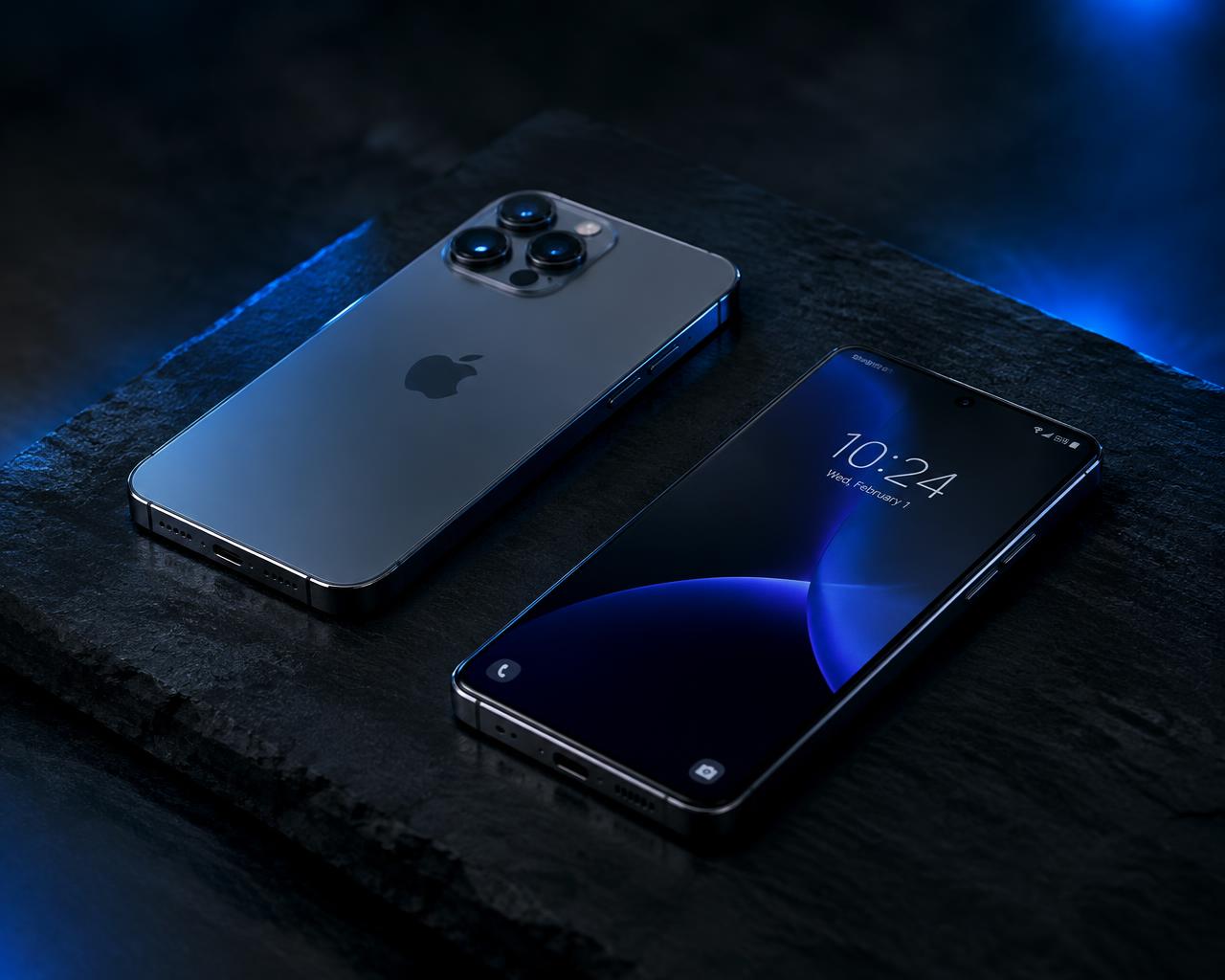 iPhone and smartphone on a dark surface